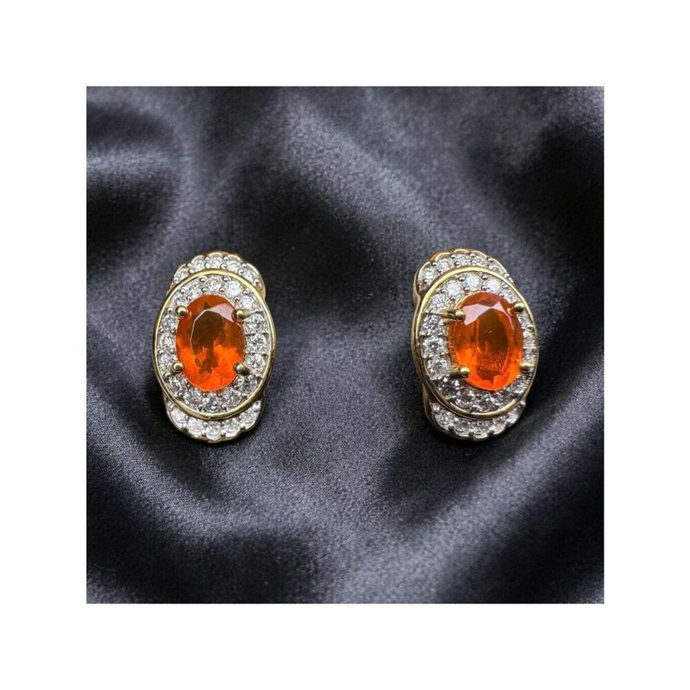Designer 14K Gold Fire Opal & Halo Diamond Earrings 1.76cttw Mexican Fire Opals